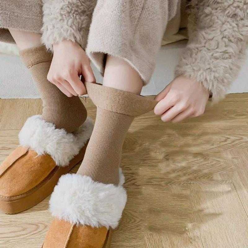 5pairs Women's Solid Color Thickened Fleece Lined Winter Snow Socks For Warm Keeping