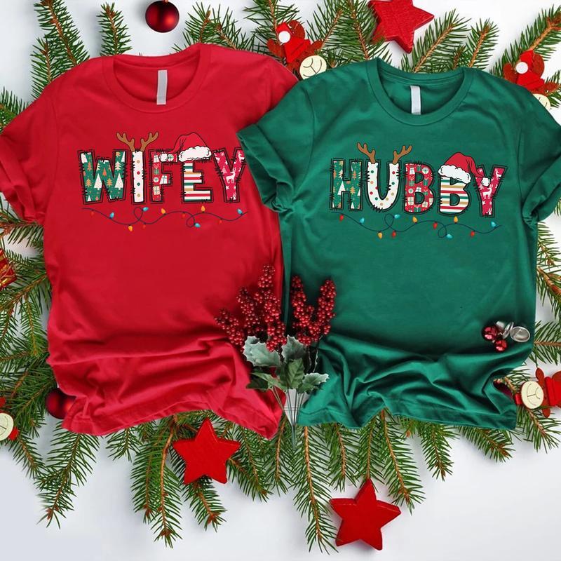 Christmas Wife and Husband T-shirt, Christmas Matching Tee, Wifey and Hubby, Family Matching, Christmas Couple, Merry Christmas, Happy Christmas, Holiday Shirt, Christmas Gift for Husband Wife,Christmas gift