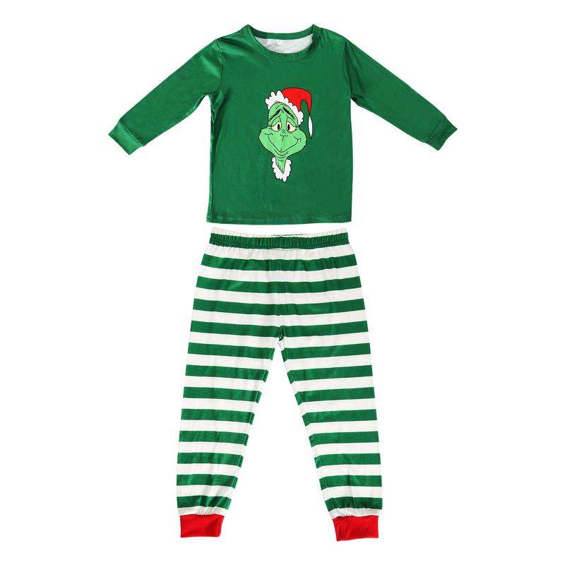 Christmas Parent-child Pajamas, Cartoon Print Long Sleeve Round Neck T-shirt, Striped Jumpsuit, Color Block Pants