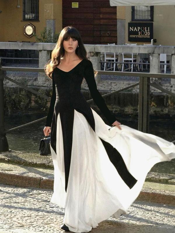 Women's Colorblock V Neck A Line Dress, Elegant Long Sleeve Maxi  Dress for Party Holiday Wedding Guest, Ladies Fall & Winter Clothes