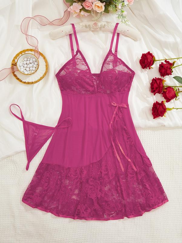 V-neck backless sexy lace halter nightdress two-piece with thong