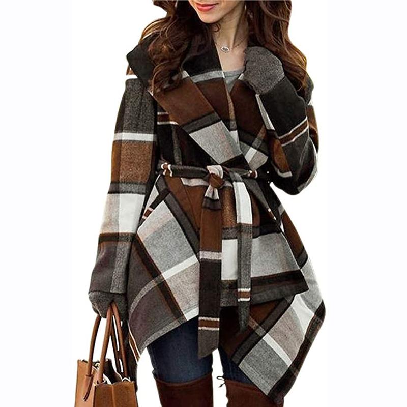 Autumn and Winter Hot Sale Lace-up Plaid Color Matching Woolen Coat Mid-Length Trench Coat for Women