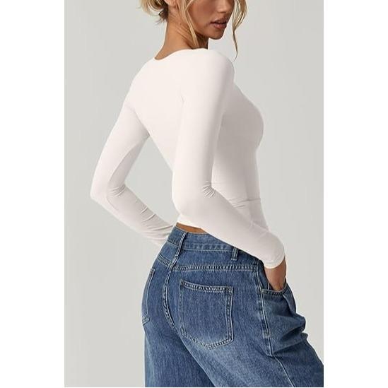 QINSEN V Neck Tops for Women Long Sleeve Crop Tops Double Lined Seamed Cup T Shirts