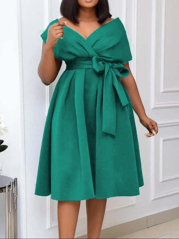 Women's Plain Belted Wrap V Neck Dress, Elegant Batwing Sleeve Zipper Back A Line Dress for Party Holiday Wedding Guest, Ladies Clothes for All Seasons