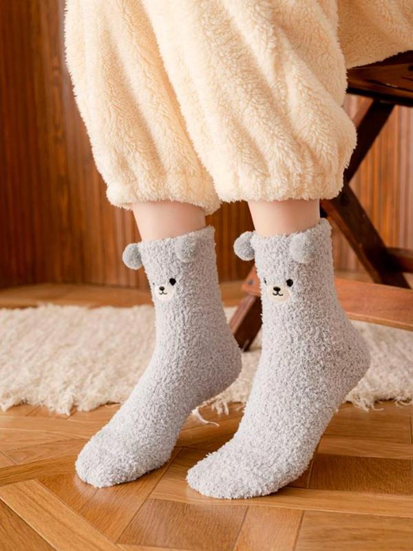 Women's Cartoon Print Fitted Crew Socks, Cartoon Cute Bear Print Soft & Warm Fuzzy Fleece Ankle Boots Socks, Comfort Basic Minimalist Winter Womenswear for Lady, Comfortable Cold Weather Gear