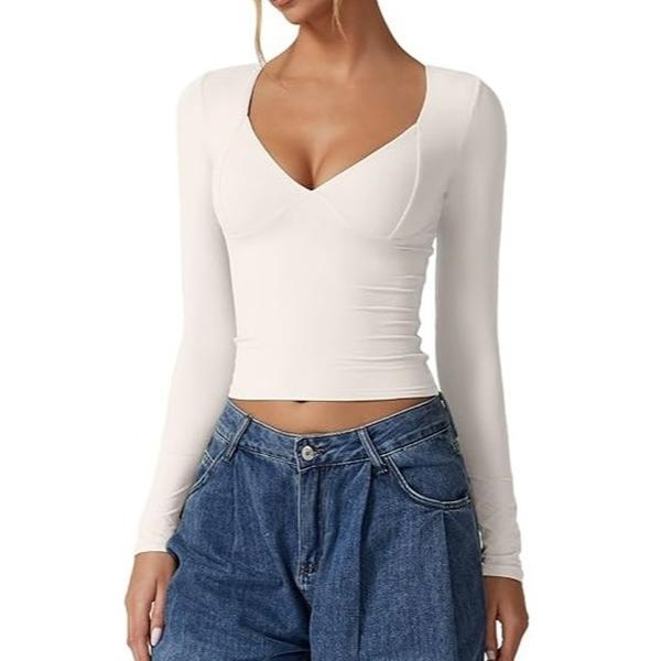 QINSEN V Neck Tops for Women Long Sleeve Crop Tops Double Lined Seamed Cup T Shirts