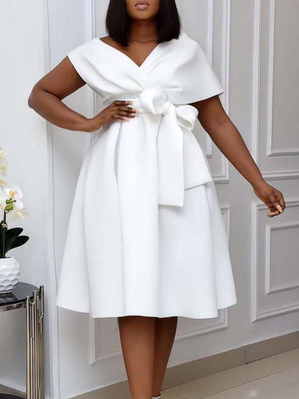 Women's Plain Belted Wrap V Neck Dress, Elegant Batwing Sleeve Zipper Back A Line Dress for Party Holiday Wedding Guest, Ladies Clothes for All Seasons