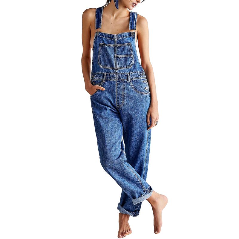 Vintage Denim Overalls for Women Spring Summer Loose Fit Classic Bib Casual Jean Stretchy Denim Overall Jumpsuits Leg Jean Pants