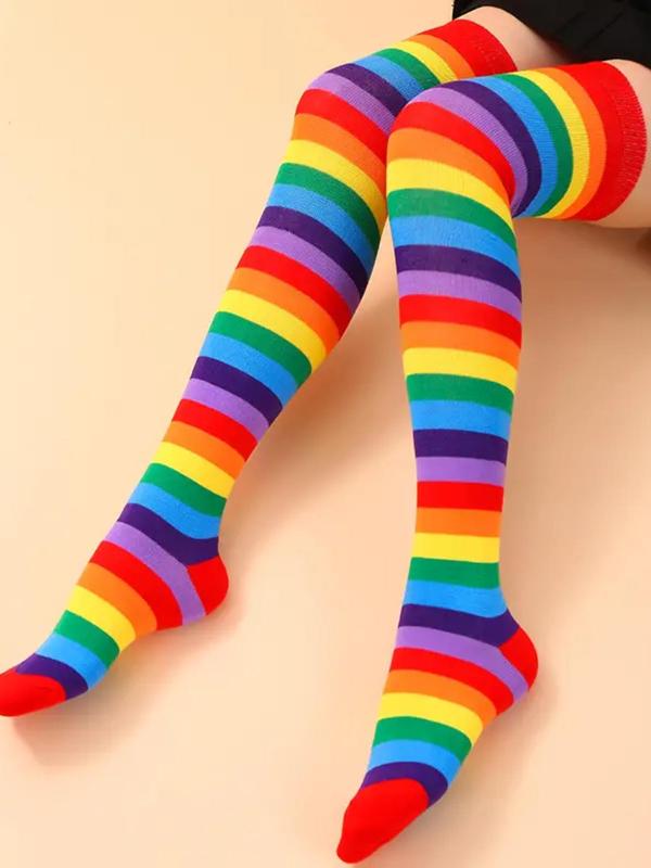 3 Pairs Of Rainbow Striped Thigh High Socks, Autumn Cute Cozy Over The Knee Stockings for Women, LGBT Comfy Hosiery for All Day Wear