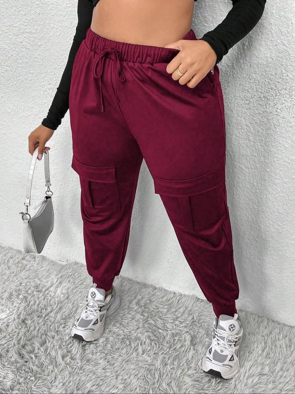 Plus Size Solid Color Drawstring Waist Flap Pocket Pants for Women, Casual Elastic Waist Trousers for Women, Women's Plus Going Out Bottoms for Summer, Downtown Girl Clothes, Downtown Girl Clothes