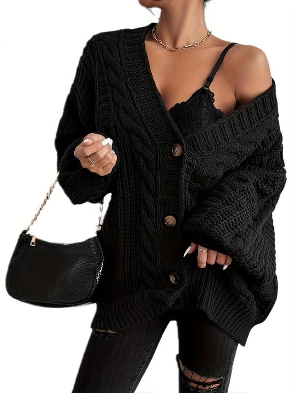 Women's Solid Button Front Lantern Sleeve Cable Knit Cardigan, Cardigan for Women, Casual V Neck Long Sleeve Knitwear for Fall & Winter, Women's Knit Clothing for Daily Wear