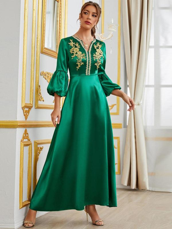 Women's Plain Appliques Embroidery V Neck A Line Dress, Elegant Bishop Sleeve Zipper Back Long Dress for Party Wedding Guest, Ladies Spring & Fall Clothes