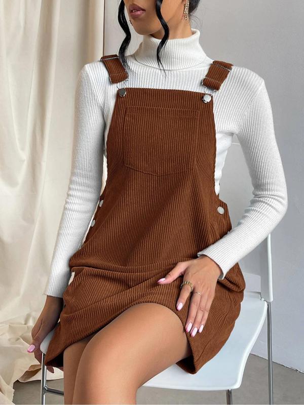 Women's Solid Color Button Pocket Pinafore Dress, Casual Adjustable Strap Corduroy Skirt for Daily Wear, Ladies Clothes for All Seasons