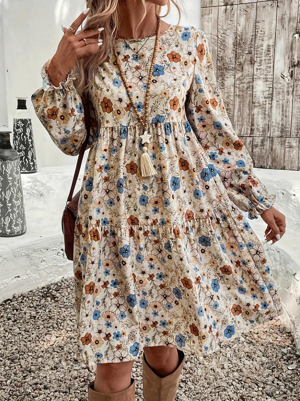 Women's Floral Print Ruffle Hem Flounce Sleeve Dress, Elegant Long Sleeve Round Neck Knee Length Dress for Vacation Holiday Wedding Guest, Ladies Fall & Winter Clothes