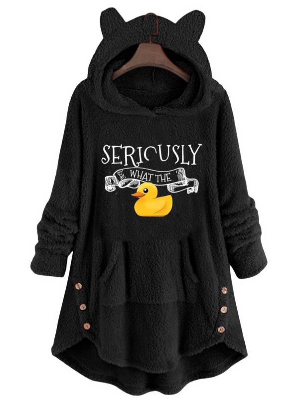 Women's Duck & Letter Print Button Front Hooded Sweatshirt, Casual Long Sleeve Pocket Hooded Outerwear for Fall & Winter, Essential Hoodie, Women's Clothes for Daily Wear