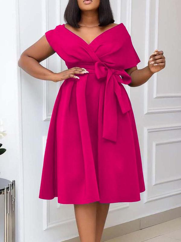 Women's Plain Belted Wrap V Neck Dress, Elegant Batwing Sleeve Zipper Back A Line Dress for Party Holiday Wedding Guest, Ladies Clothes for All Seasons