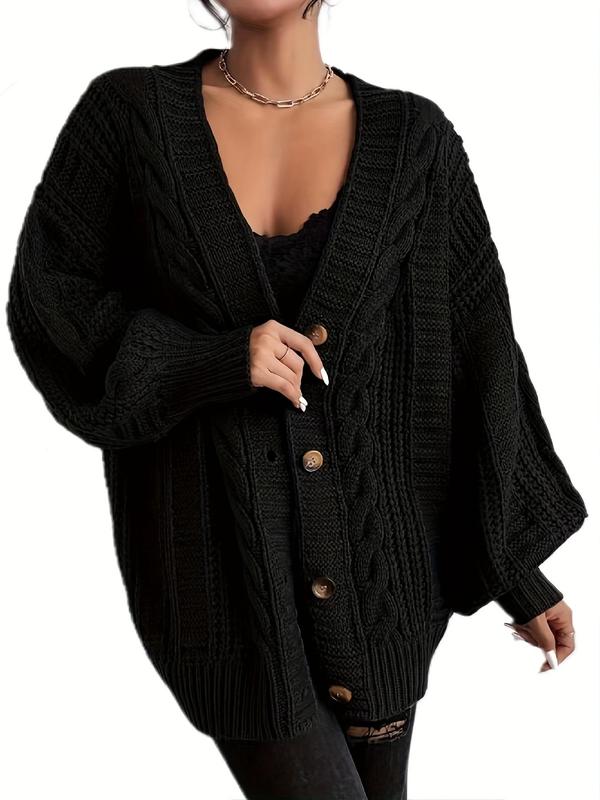 Women's Solid Button Front Lantern Sleeve Cable Knit Cardigan, Cardigan for Women, Casual V Neck Long Sleeve Knitwear for Fall & Winter, Women's Knit Clothing for Daily Wear