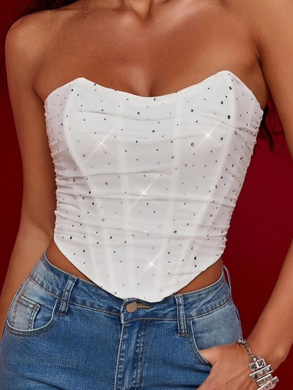 Women's Rhinestone Decor Asymmetrical Lace Up Crop Tube Top, Ruched Backless Top for Party Club Dating Wear, White Tube Top, Ladies Clothes for Summer, Going Out Tops, Crop Tops