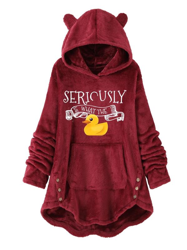 Women's Duck & Letter Print Button Front Hooded Sweatshirt, Casual Long Sleeve Pocket Hooded Outerwear for Fall & Winter, Essential Hoodie, Women's Clothes for Daily Wear