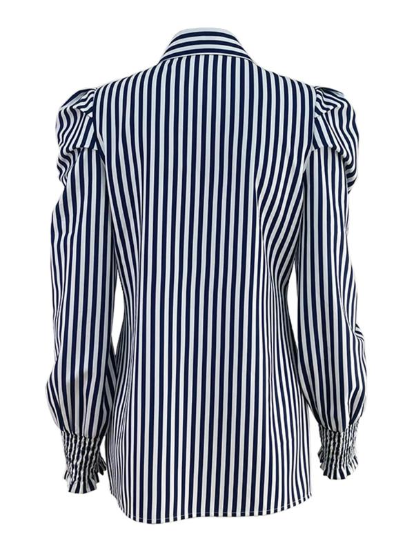 Women's Striped Print Button Front Long Sleeve Blouse, Casual Puff Sleeve Collar Top for Summer, Fashion Women's Clothing for Daily Wear