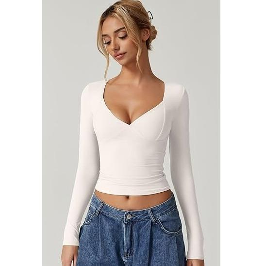 QINSEN V Neck Tops for Women Long Sleeve Crop Tops Double Lined Seamed Cup T Shirts