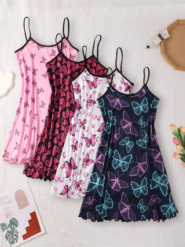 Women's Cartoon Avocado & Heart Print Contrast Binding Cami Nightdress, Casual Soft Comfortable Sleeveless Nightgown for All Seasons, Lady's Sleepwear for Indoor Wear