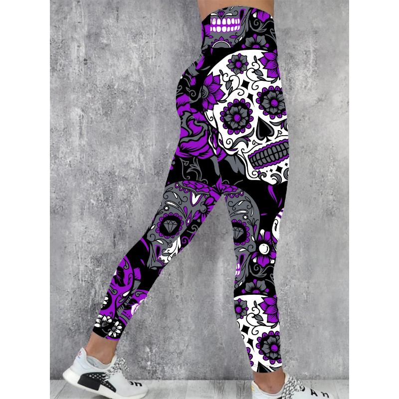 Vibrant Floral Sugar Skull Print Leggings - Soft, Stretchy, All-Season Skinny Fit Polyester Knit Fabric Pants for Women - Casual, Comfortable, and Stylish Bottoms for Everyday Wear Womenswear Halloween Womenswear Halloween