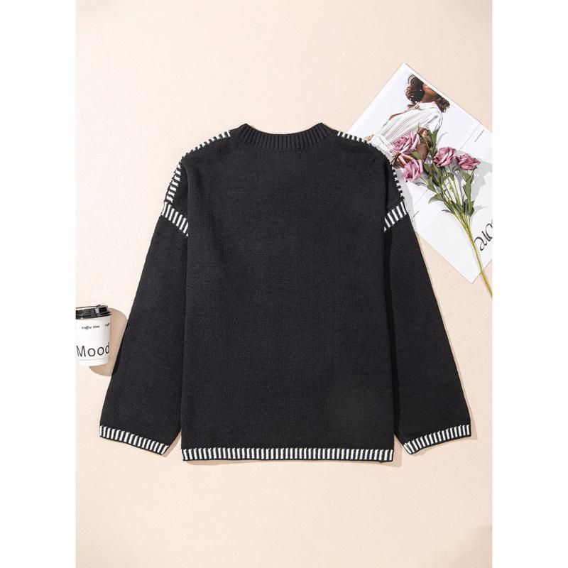 YMBB Sweaters for Women Fashion SolidCrewneck Loose Fit Long Sleeve Contrast CableKnit Pullover  Jumper Tops All Knitwear Womenswear