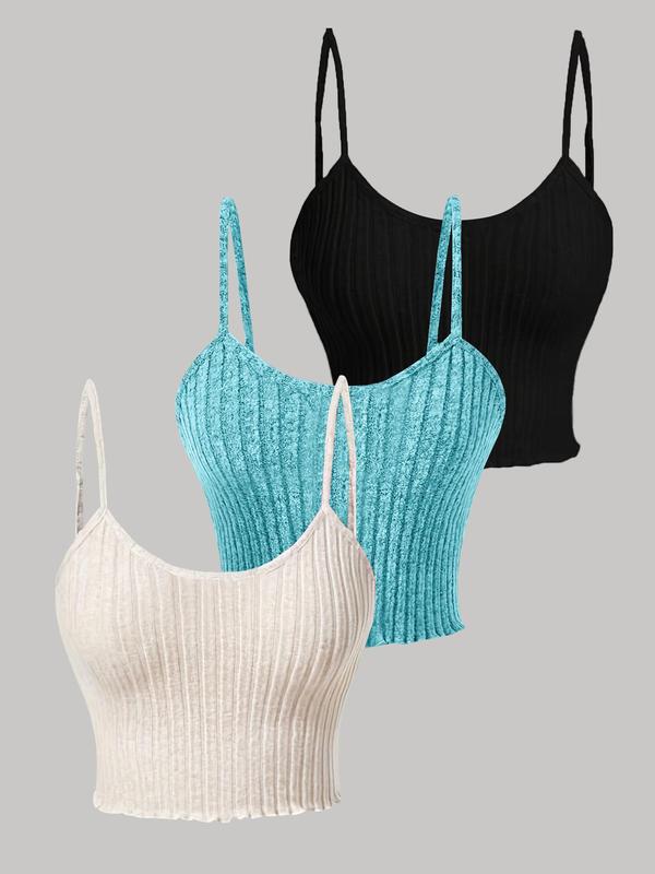 Women's Solid Color Ribbed Cami Top, Casual  Sleeveless Top for Summer, Ladies Clothes for Daily Wear