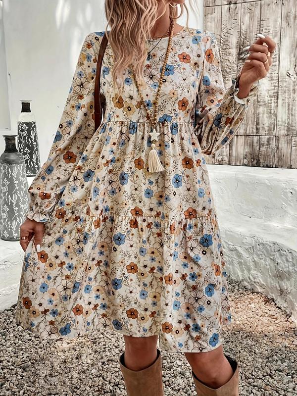 Women's Floral Print Ruffle Hem Flounce Sleeve Dress, Elegant Long Sleeve Round Neck Knee Length Dress for Vacation Holiday Wedding Guest, Ladies Fall & Winter Clothes