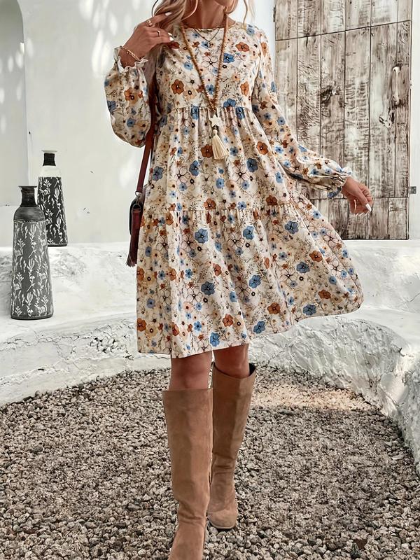 Women's Floral Print Ruffle Hem Flounce Sleeve Dress, Elegant Long Sleeve Round Neck Knee Length Dress for Vacation Holiday Wedding Guest, Ladies Fall & Winter Clothes