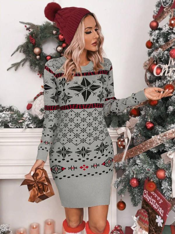 Women's Christmas Print Round Neck Bodycon Sweater Dress, Casual Long Sleeve Crew Neck Knit Dress for Fall & Winter, Christmas Party Dress, Women's Knitwear for Daily Wear