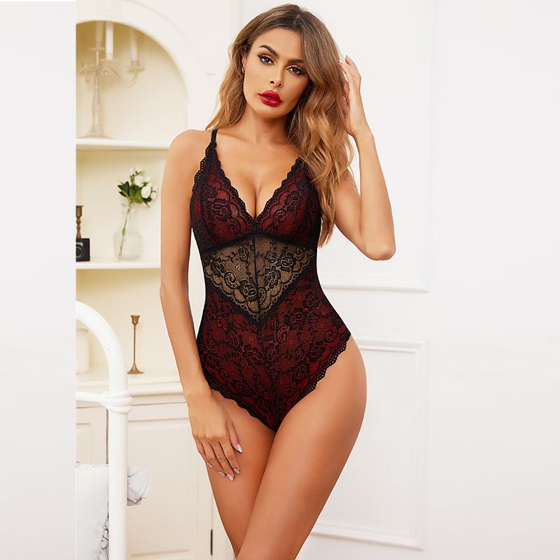 Avidlove Lingerie for Women One Piece Bodysuit with Buttoned Closure and Contrast Lace