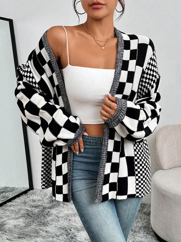 Women's Checkerboard Print Drop Shoulder Cardigan, Casual Long Sleeve Open Front Knitwear for Fall & Winter, Fashion Women's Knit Clothing for Daily Wear