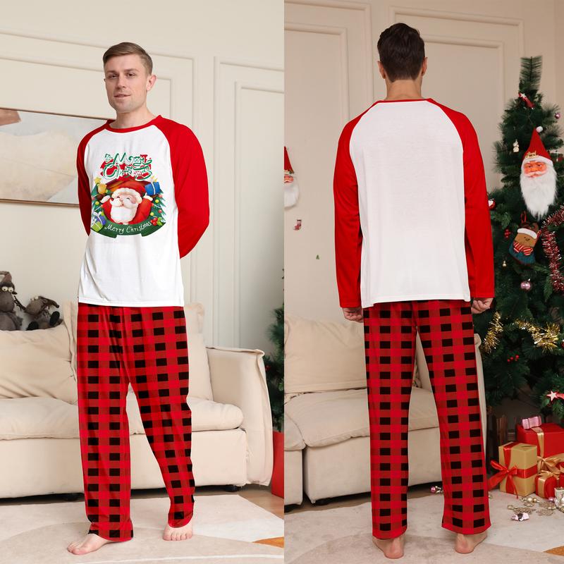 Red Christmas Pajamas For Family Santa Print Long Sleeve Round Neck Tops Romper Plaid Trousers