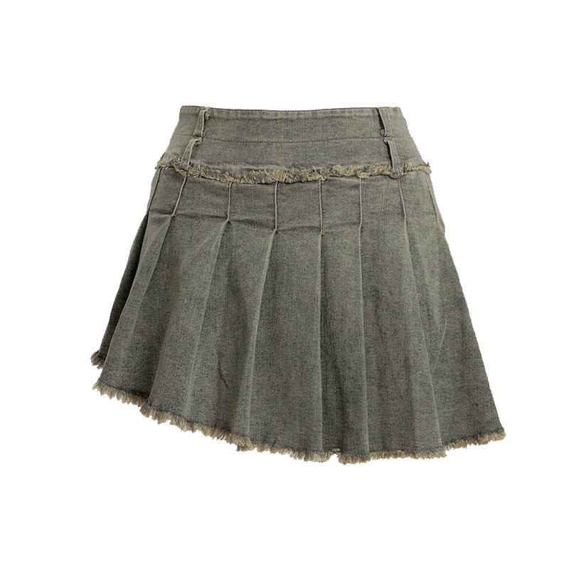 Fringe Wrinkle Washed Denim Skirt