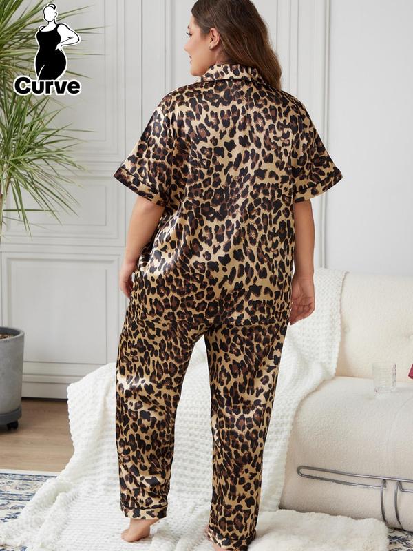 Plus Size Leopard Print Button Front Shirt & Elastic Waist Pants Pyjama Set, Short Sleeve Lapel Neck Pocket Top & Trousers Pj Set, Women's Sleepwear for All Seasons