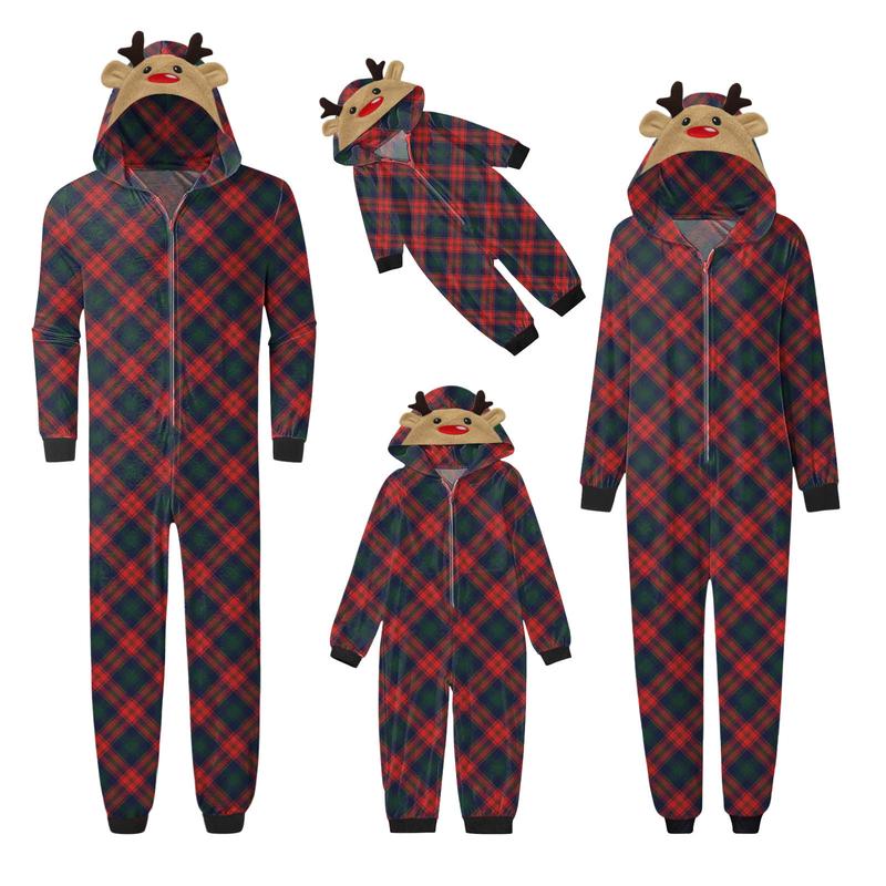 Family Christmas Pajamas, Long Sleeve Elk Christmas Tree Plaid Snowflake Print Hooded Jumpsuit Sleepwear Womenswear Check