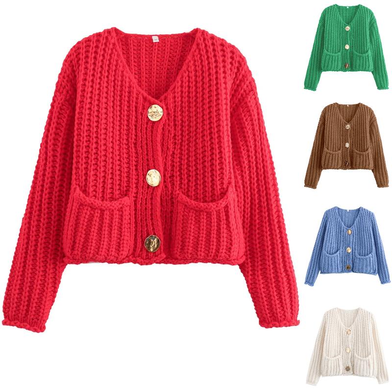 SCUSTY Women's Cropped Cardigan Sweater Long Sleeves Button Down Chunky Knitted Coat