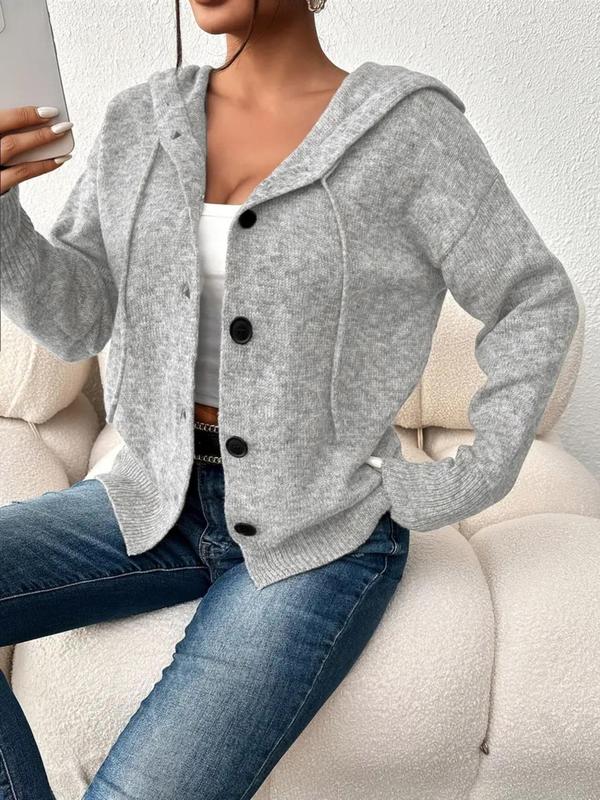 Women's Plain Button Front Drawstring Hooded Cable Knit Cardigan, Elegant Drop Shoulder Long Sleeve Cardigan, Cardigan for Women, Ladies Knitwear for All Seasons