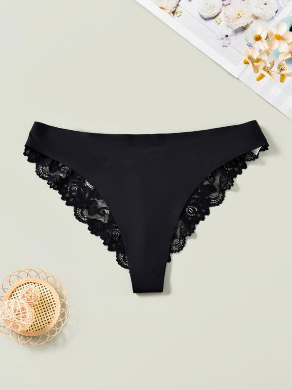 Plus 3pcs Minimalist Basic Plain Contrast Lace Panty, Lady Solid Casual Soft Comfortable Breathable Knicker, Womenswear, Women's Underwear for Daily Wear