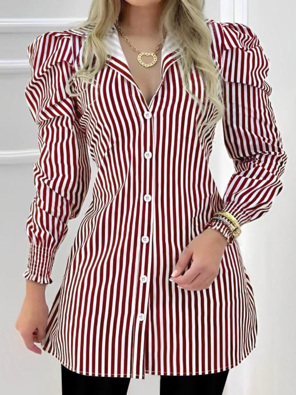 Women's Striped Print Button Front Long Sleeve Blouse, Casual Puff Sleeve Collar Top for Summer, Fashion Women's Clothing for Daily Wear