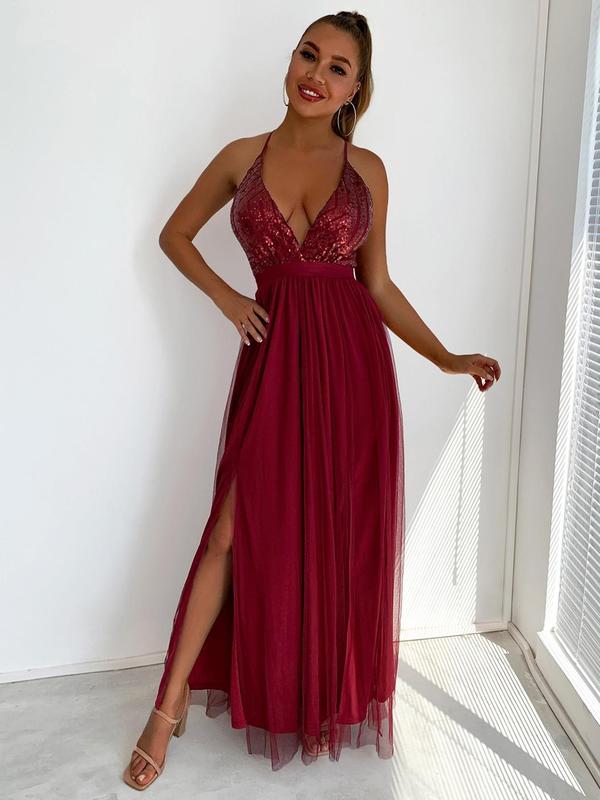 Women's Contrast Sequin Criss Cross Split Thigh Evening Dress, Deep V Neck Backless Maxi Dress For Party Cocktail Prom, Women's Clothing For Summer