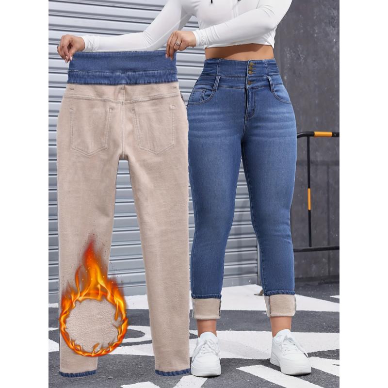 Winter Must-Have Plush Lined Denim Pants - Women's Casual Skinny Fit Jeans with Thickened Fabric and Washed Blue Style - Soft, Warm, and Comfortable Clothing for Chilly Days