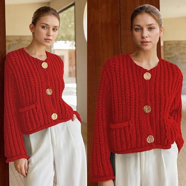 SCUSTY Women's Cropped Cardigan Sweater Long Sleeves Button Down Chunky Knitted Coat