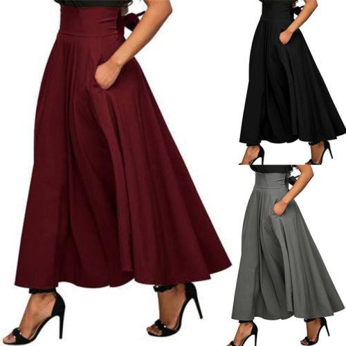 Women' s High Waist Skirt A Line Pleated Skirt Belted Ankle Length Skirt with Pockets