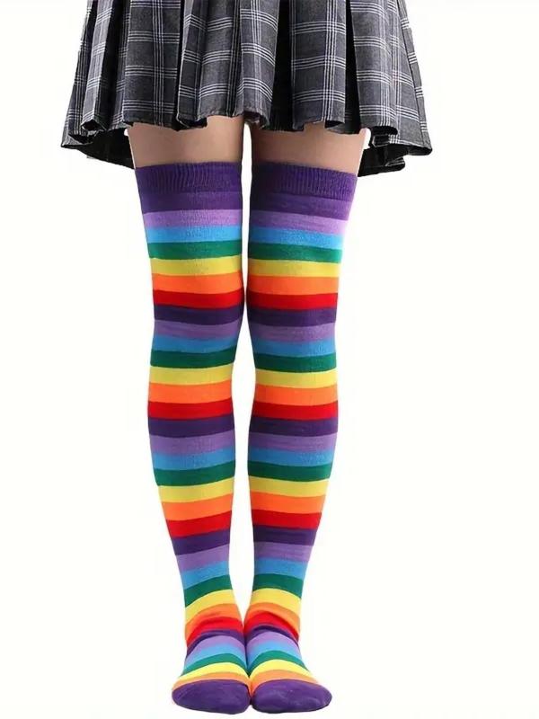 3 Pairs Of Rainbow Striped Thigh High Socks, Autumn Cute Cozy Over The Knee Stockings for Women, LGBT Comfy Hosiery for All Day Wear