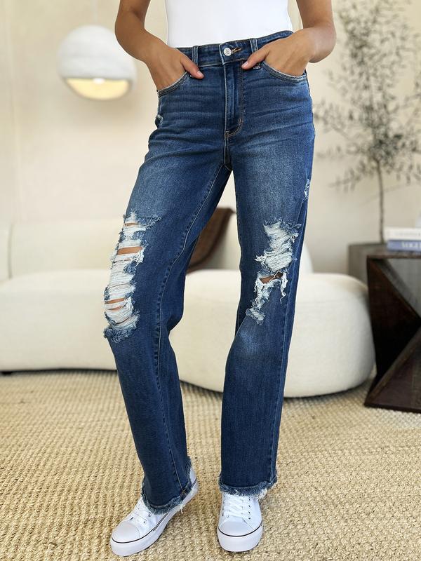 Judy Blue Full Size Mid Rise Distressed Raw Hem Jeans Casual Comfortable