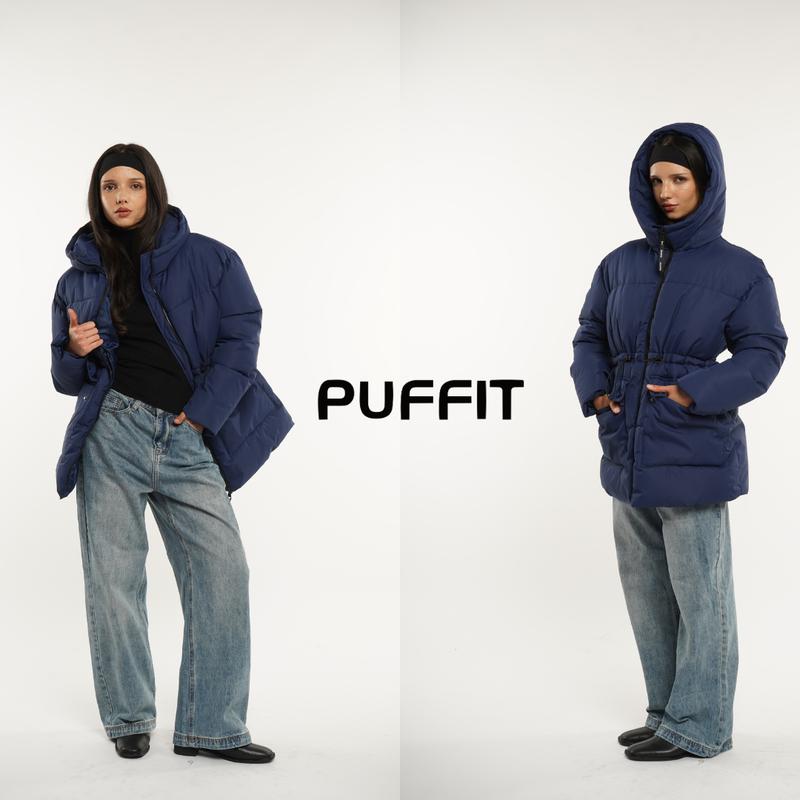 PUFFIT Women Mid Length Puffer Jacket Hood Winter, Mid Length Ladies Outwear Coat Big Pocket with Waist Drawcord Go.G.G