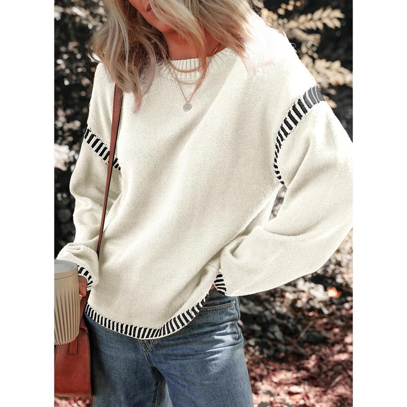 YMBB Sweaters for Women Fashion SolidCrewneck Loose Fit Long Sleeve Contrast CableKnit Pullover  Jumper Tops All Knitwear Womenswear